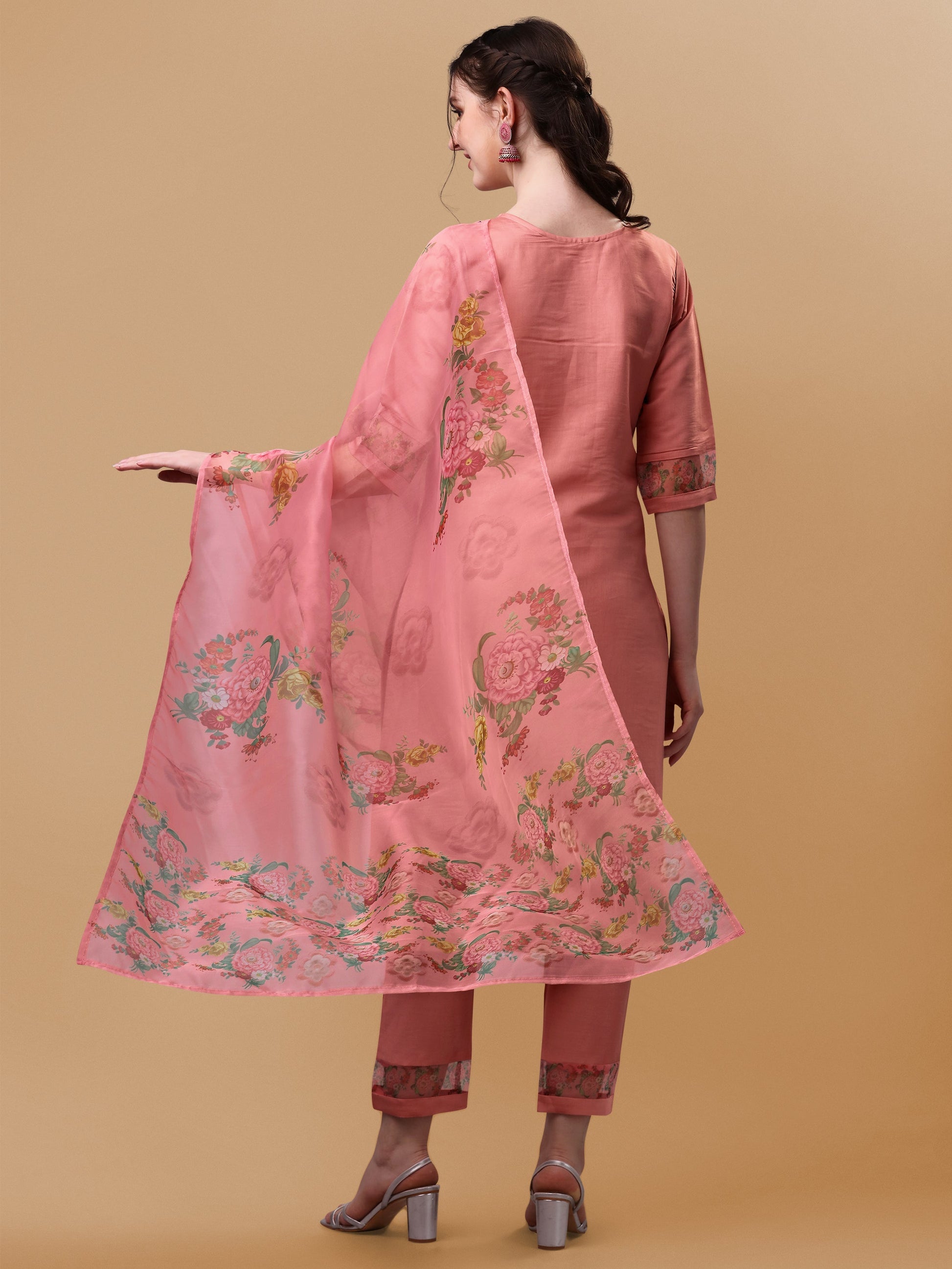 Embroidered Kurta With Pant & Dupatta Set, Multicolor - Hiral Fashion