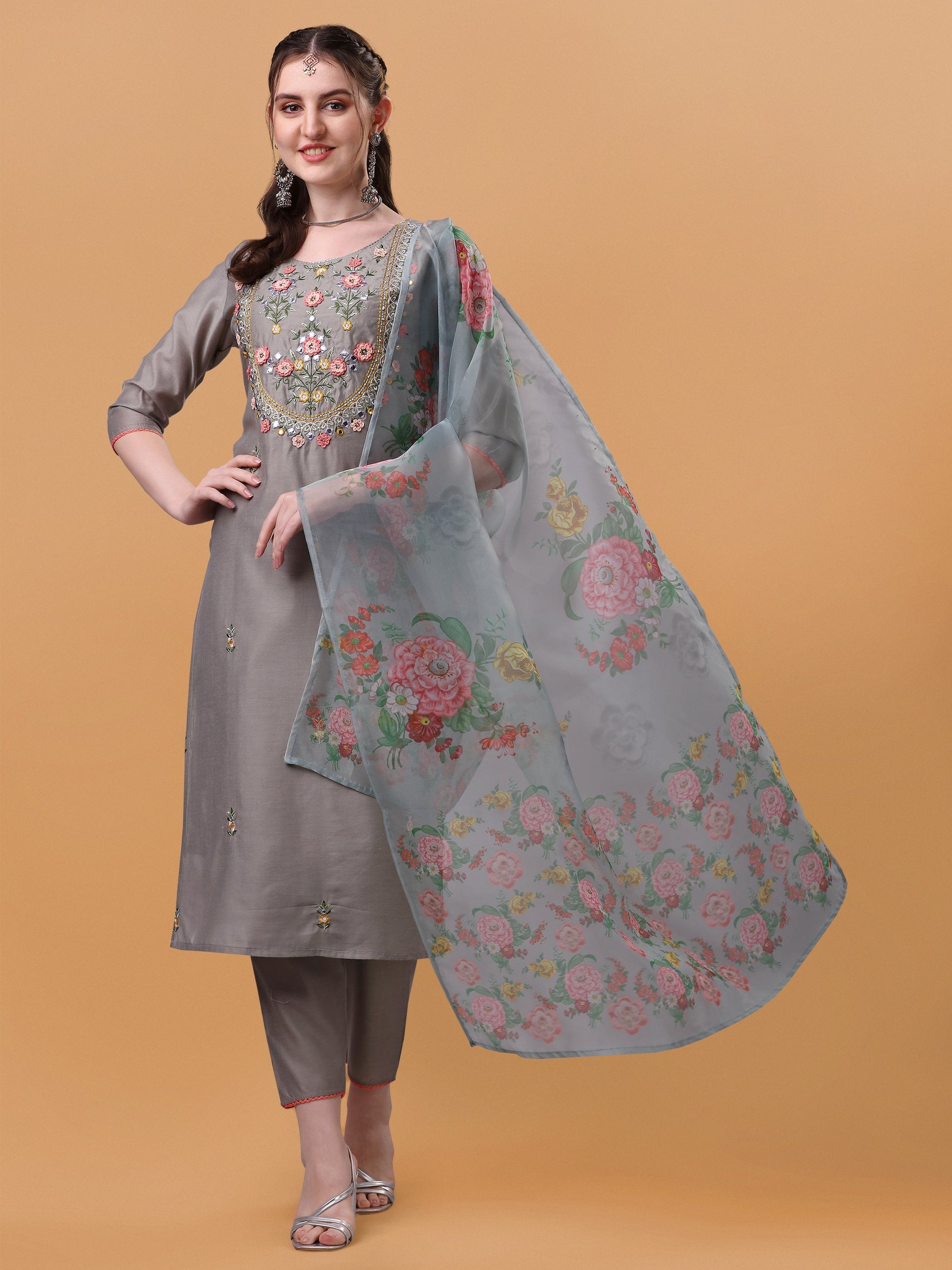 Hand Embroidered Kurta With Pant & Organza Printed Dupatta, Multicolor - Hiral Fashion