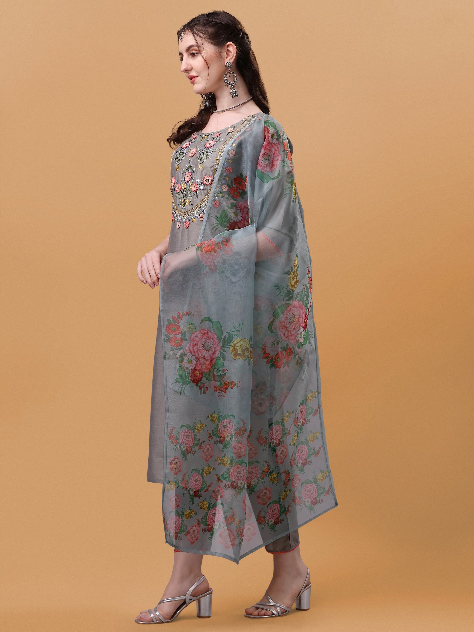 Hand Embroidered Kurta With Pant & Organza Printed Dupatta, Multicolor - Hiral Fashion