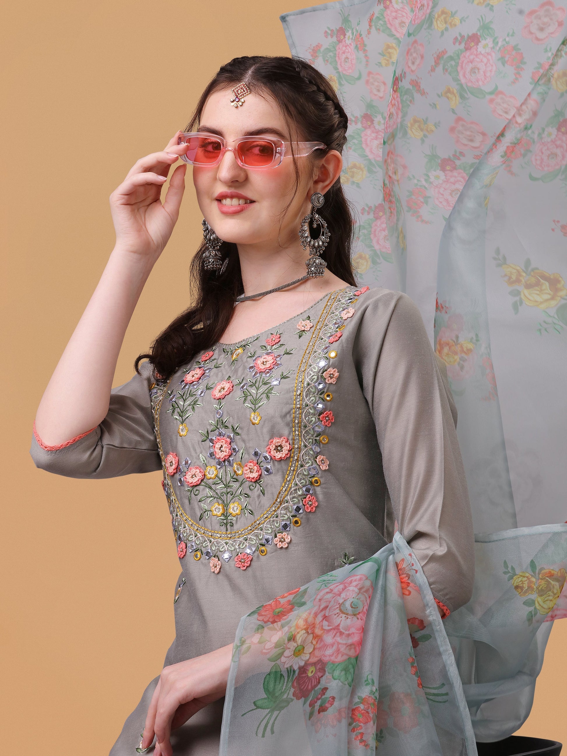 Hand Embroidered Kurta With Pant & Organza Printed Dupatta, Multicolor - Hiral Fashion