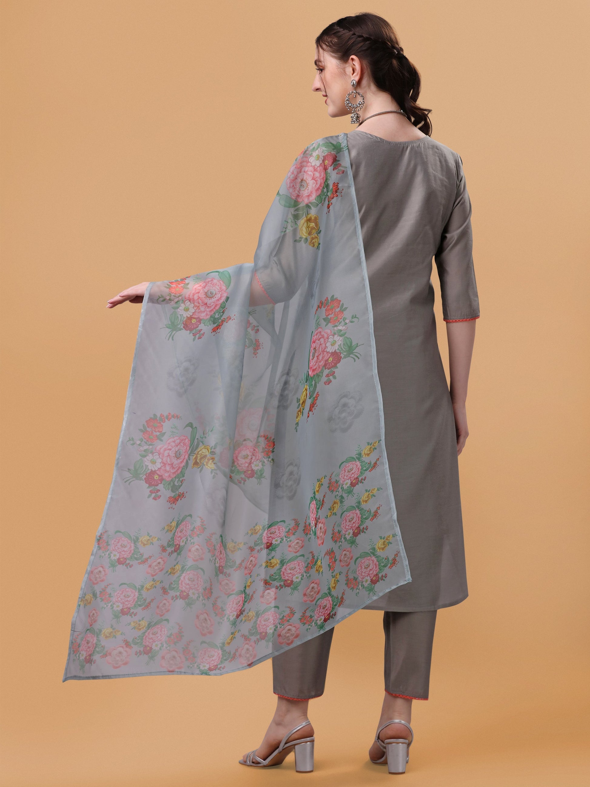 Hand Embroidered Kurta With Pant & Organza Printed Dupatta, Multicolor - Hiral Fashion