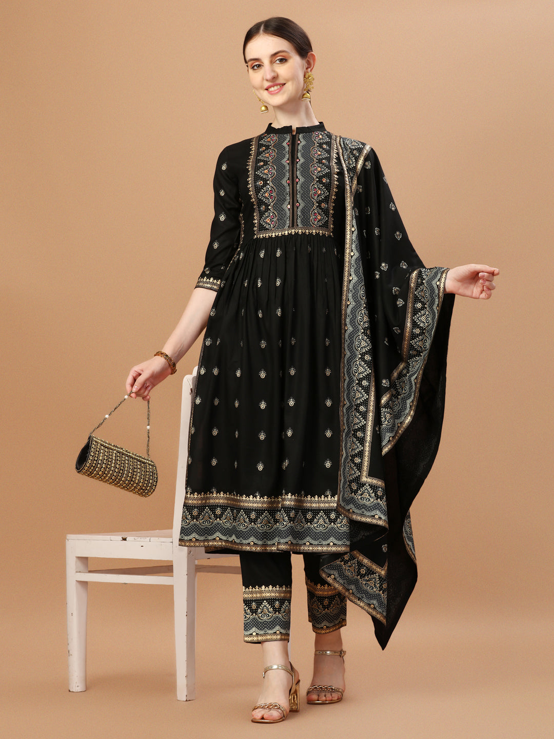 Nyra Cut Foil Printed & Hand Embroidered Kurta With Pant & Dupatta, Multicolor - Hiral Fashion