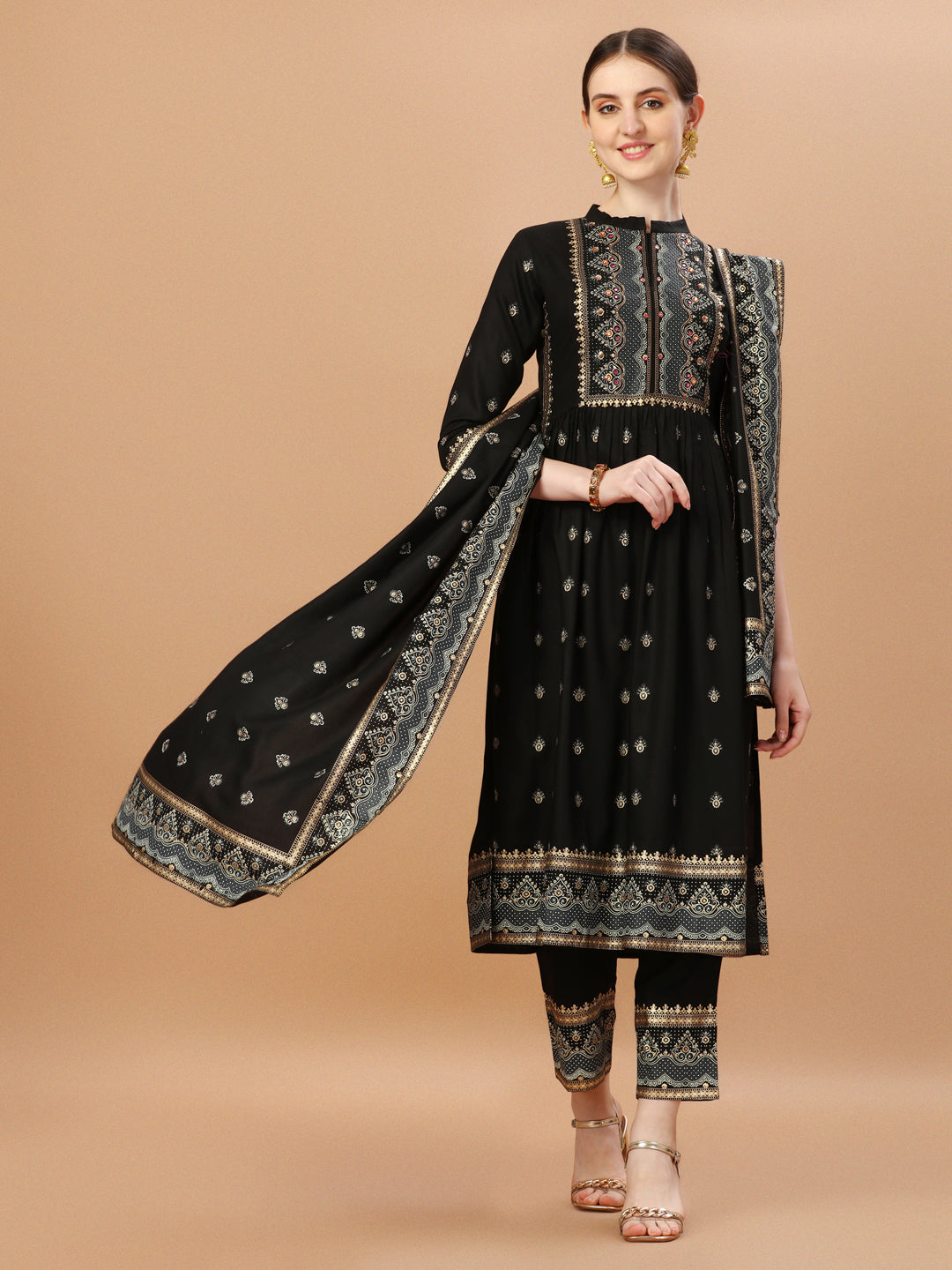 Nyra Cut Foil Printed & Hand Embroidered Kurta With Pant & Dupatta, Multicolor - Hiral Fashion