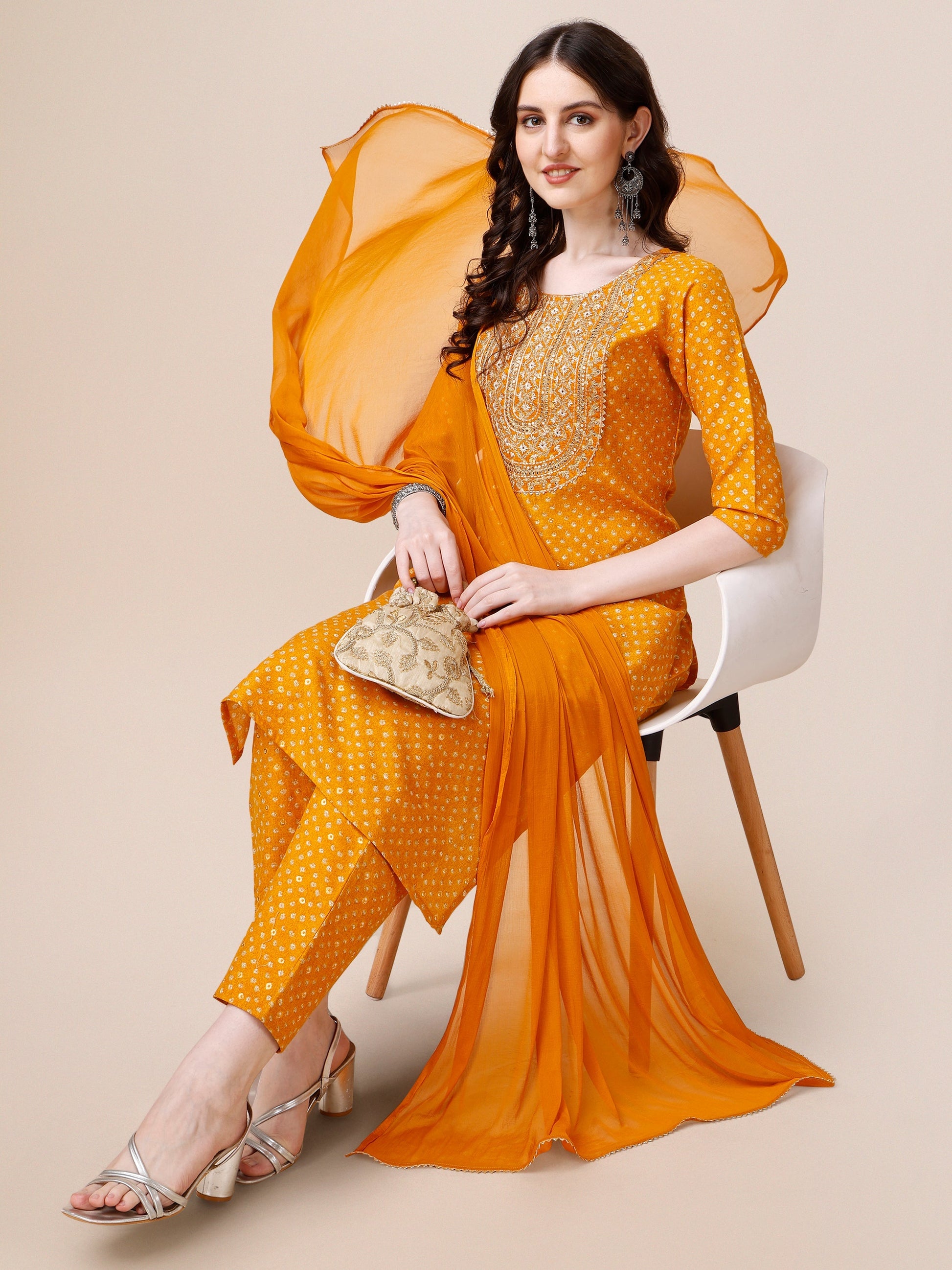 Embroidered Cotton Kurta With Pant And Dupatta Set, Multicolor - Hiral Fashion
