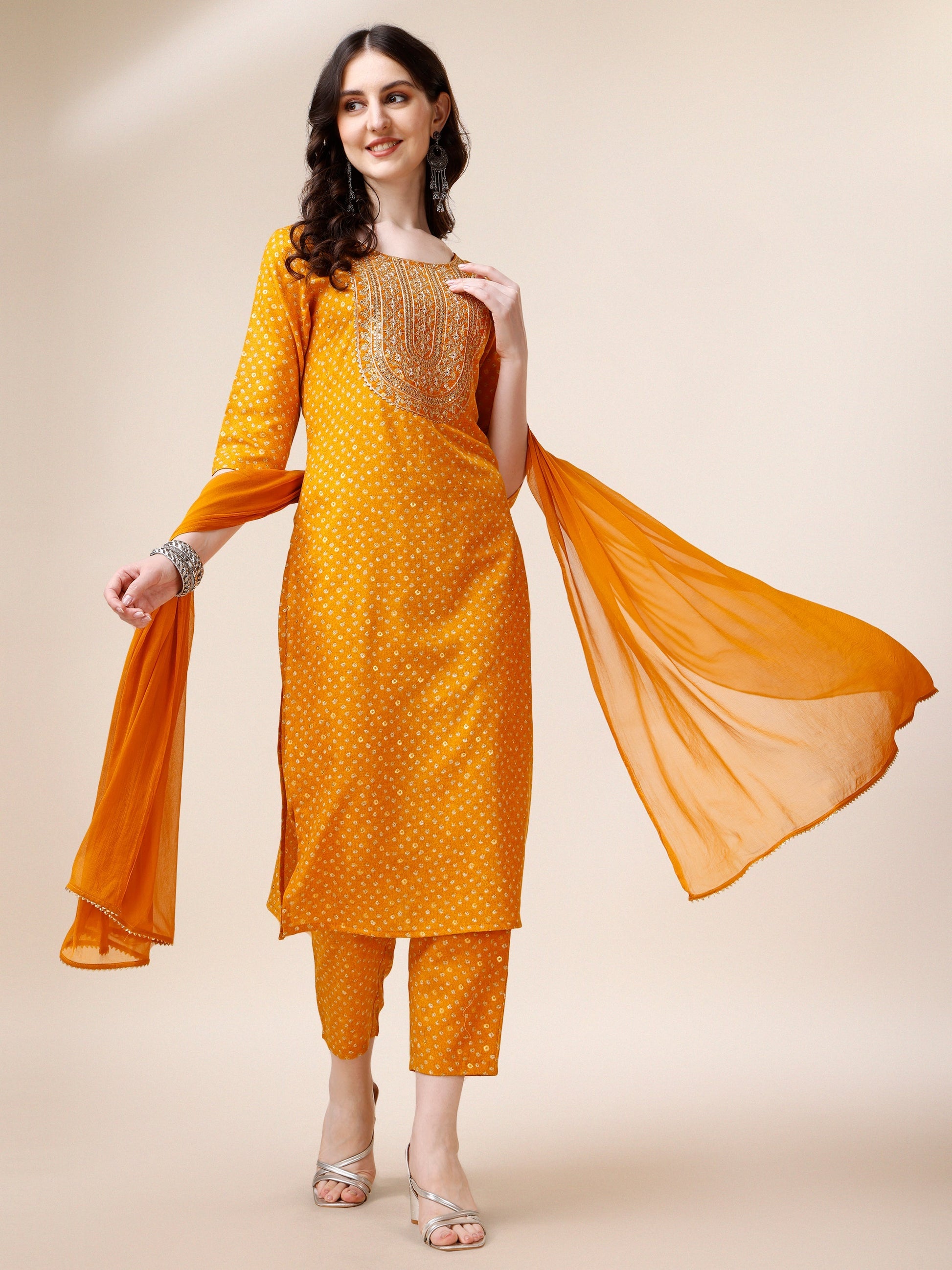 Embroidered Cotton Kurta With Pant And Dupatta Set, Multicolor - Hiral Fashion