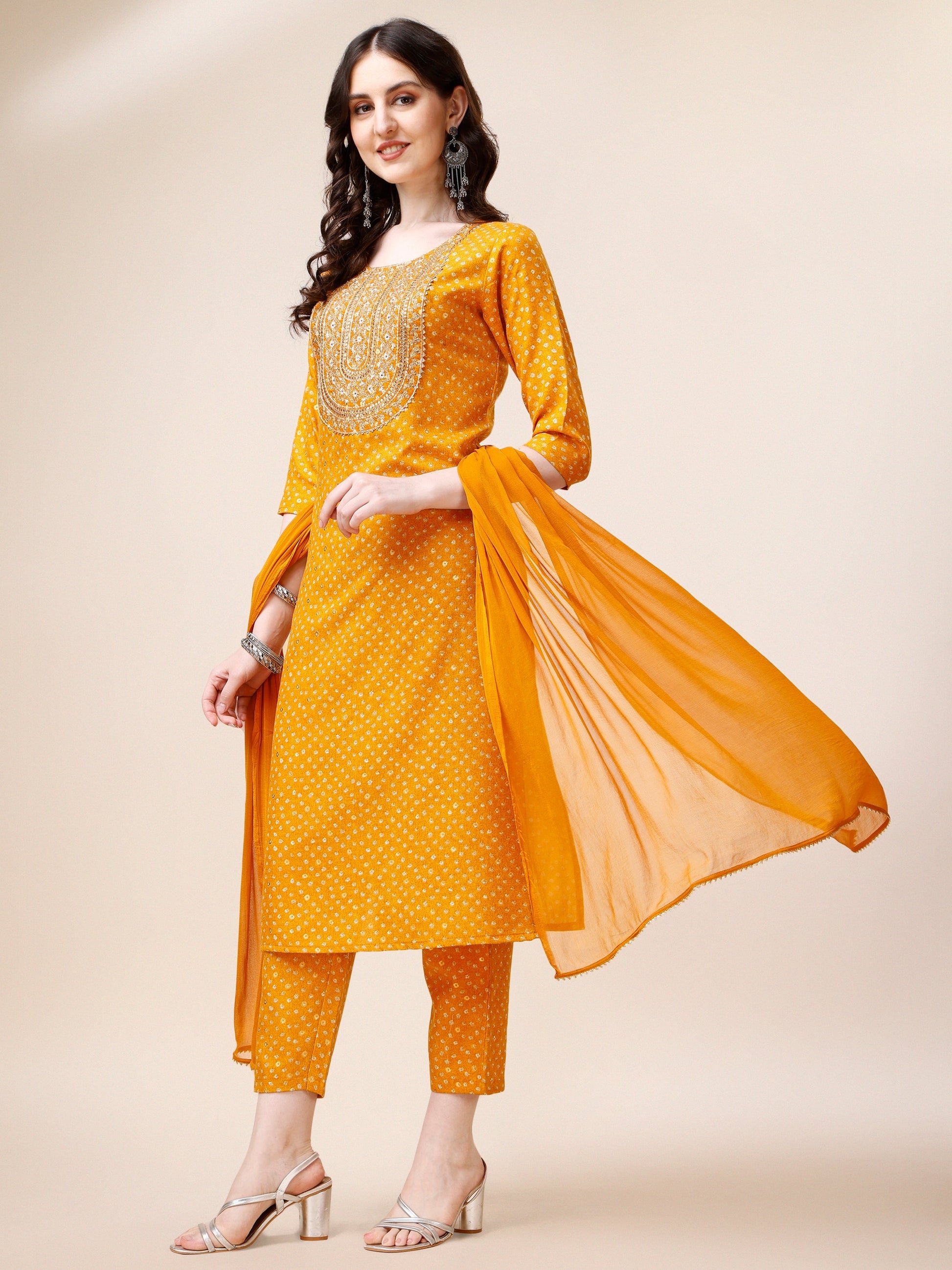 Embroidered Cotton Kurta With Pant And Dupatta Set, Multicolor - Hiral Fashion