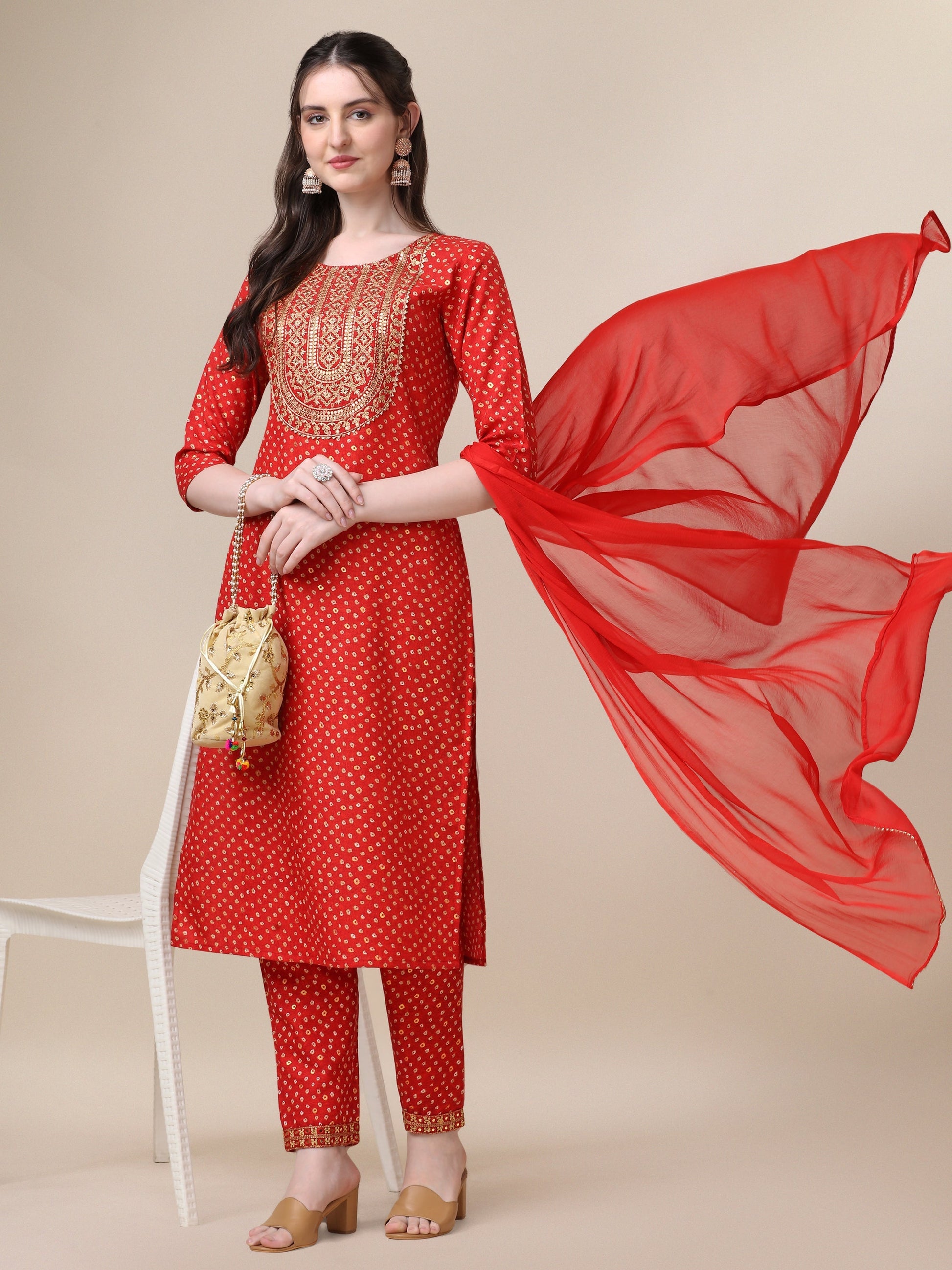 Embroidered Kurta With Pant And Dupatta Set, Multicolor - Hiral Fashion