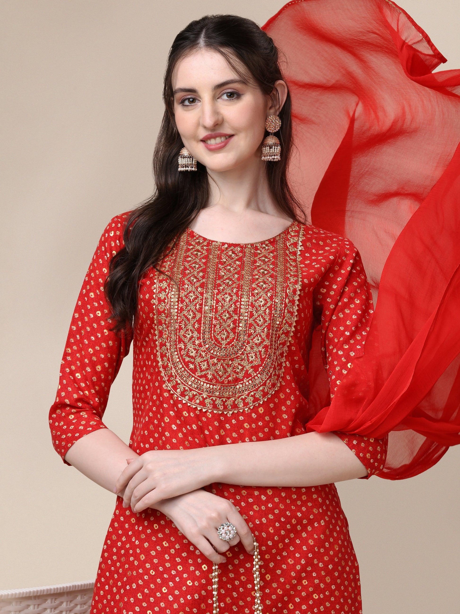 Embroidered Kurta With Pant And Dupatta Set, Multicolor - Hiral Fashion