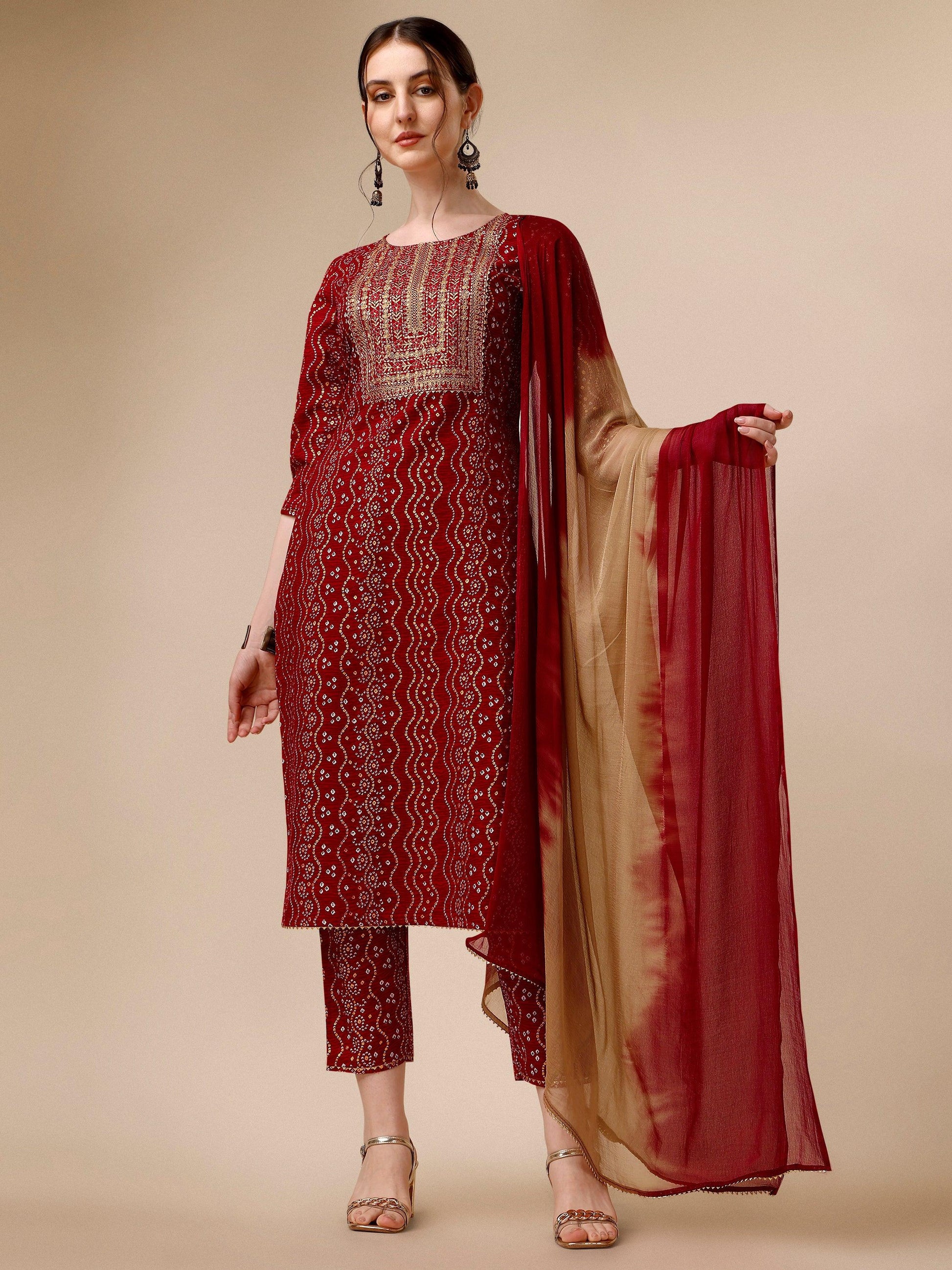 Bandhni Printed & Embroidered Kurta With Pant And Dupatta Set, Multicolor - Hiral Fashion