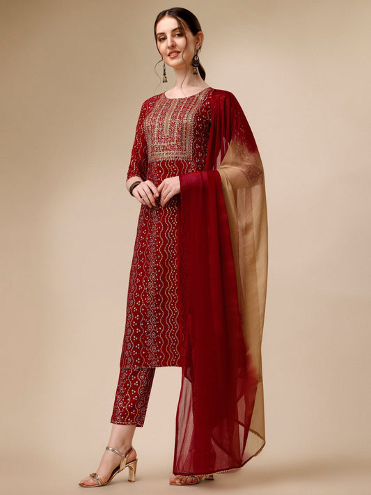 Bandhni Printed & Embroidered Kurta With Pant And Dupatta Set, Multicolor - Hiral Fashion