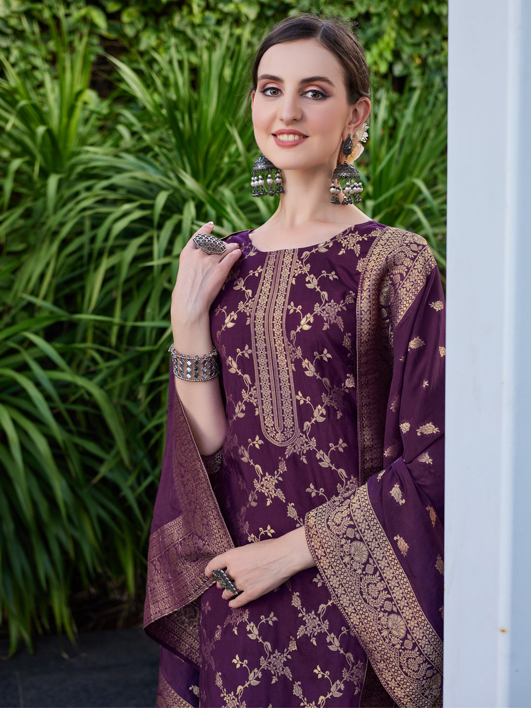 Pure Muslin Jacquard Banarasi Kurta With Pant & Dupatta Premium, Multicolor - Hiral Fashion