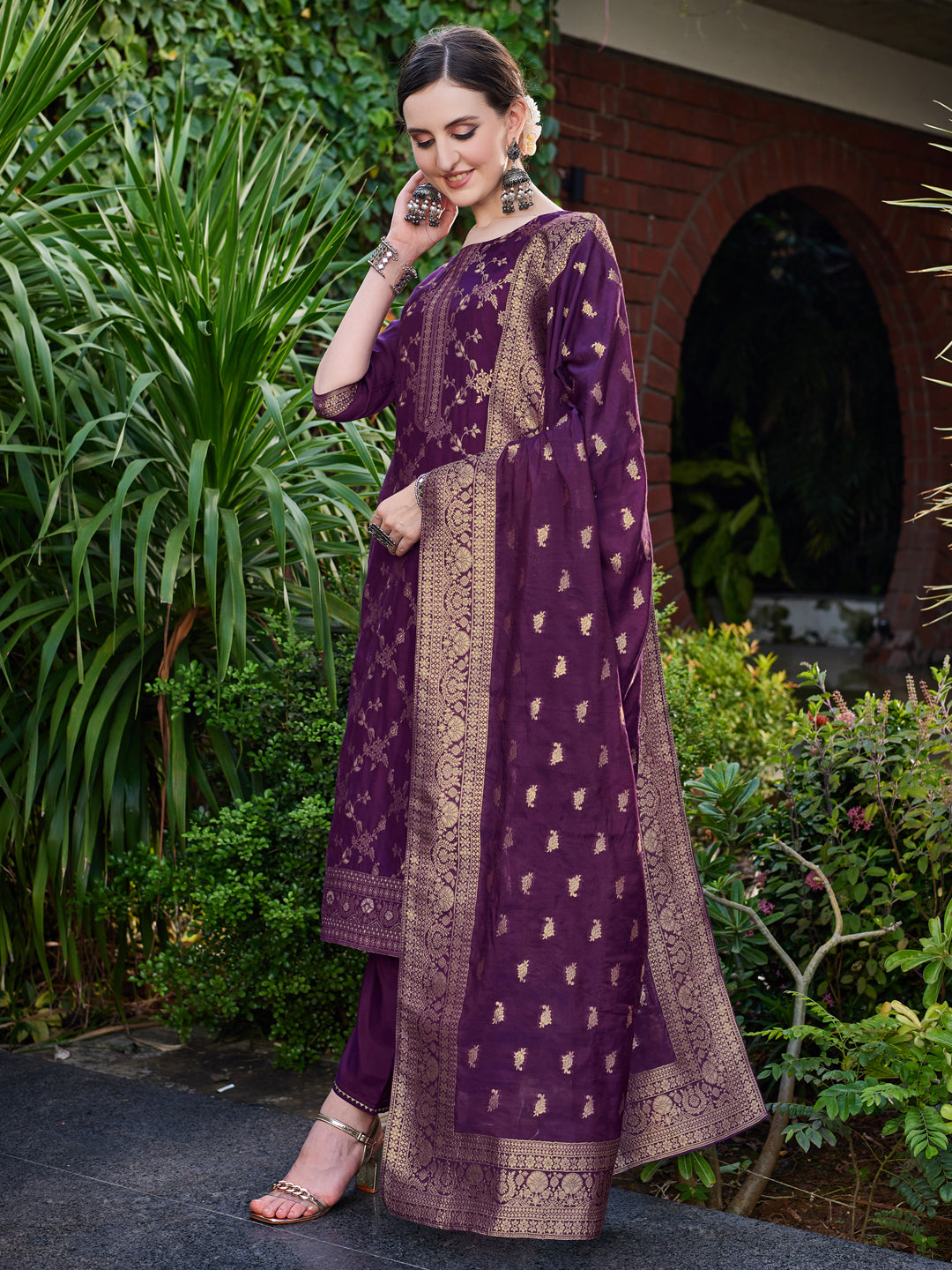 Pure Muslin Jacquard Banarasi Kurta With Pant & Dupatta Premium, Multicolor - Hiral Fashion