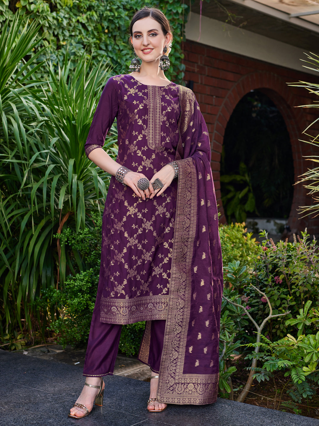 Pure Muslin Jacquard Banarasi Kurta With Pant & Dupatta Premium, Multicolor - Hiral Fashion