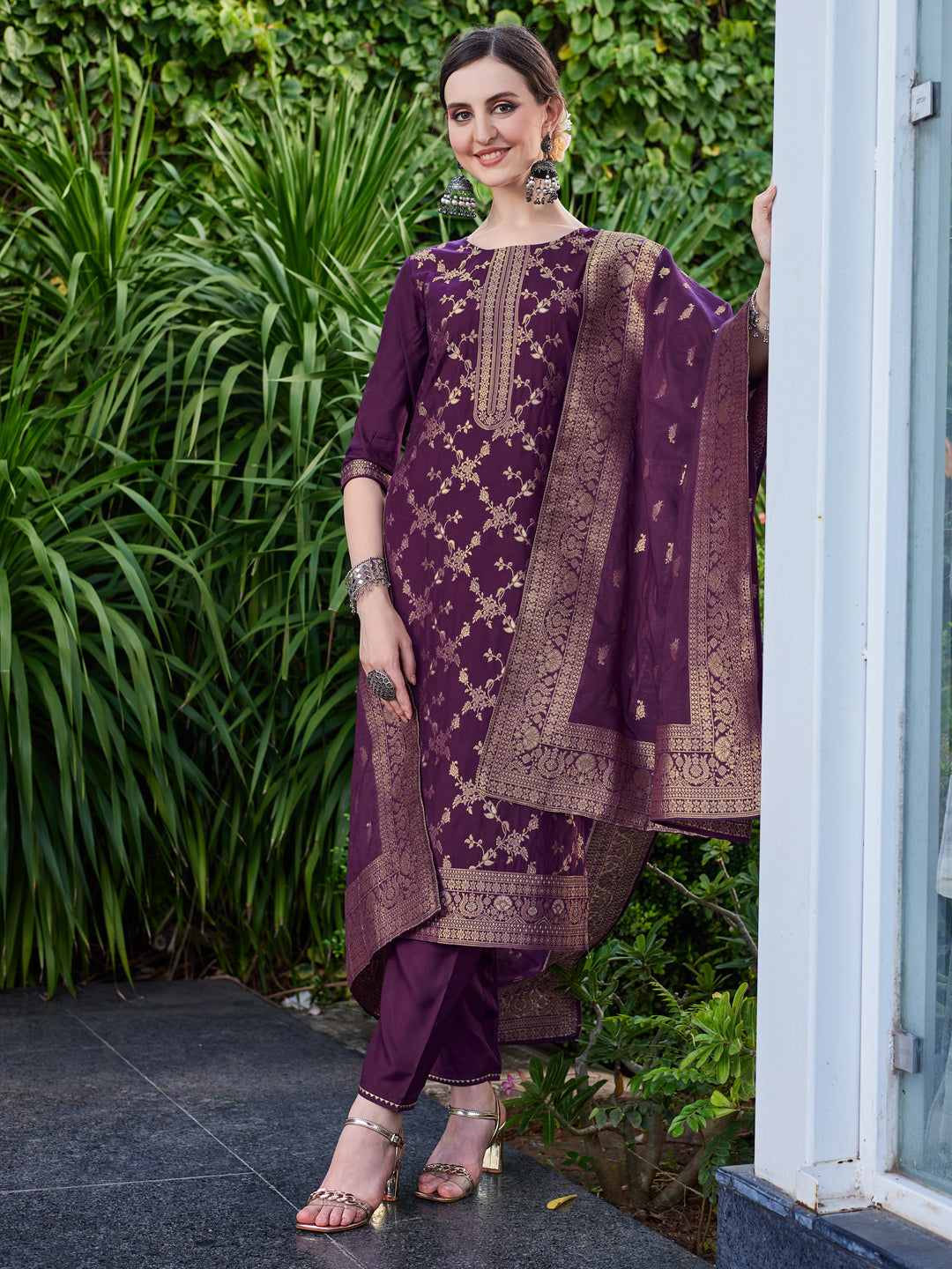 Pure Muslin Jacquard Banarasi Kurta With Pant & Dupatta Premium, Multicolor - Hiral Fashion