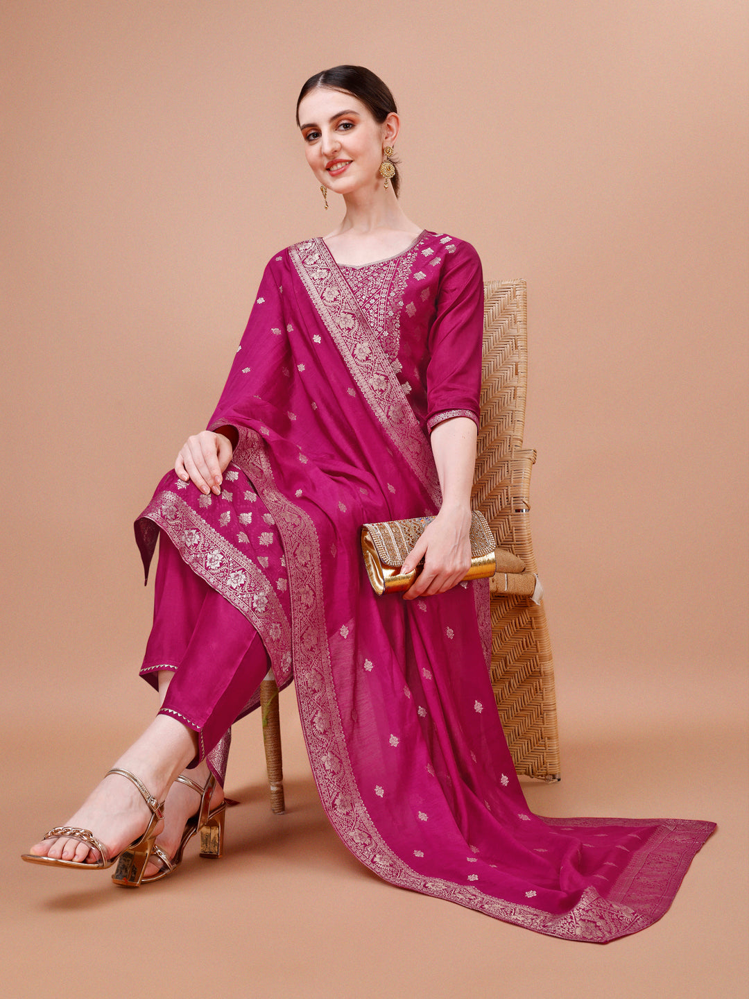 Pure Muslin Jacquard Kurta With Pant And Dupatta Set Premium, Multicolor - Hiral Fashion