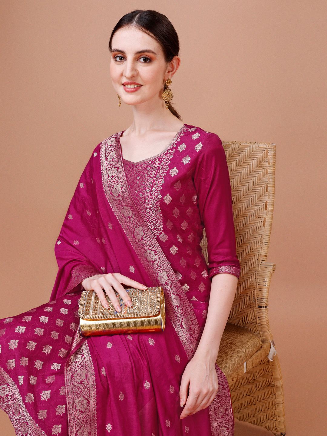 Pure Muslin Jacquard Kurta With Pant And Dupatta Set Premium, Multicolor - Hiral Fashion