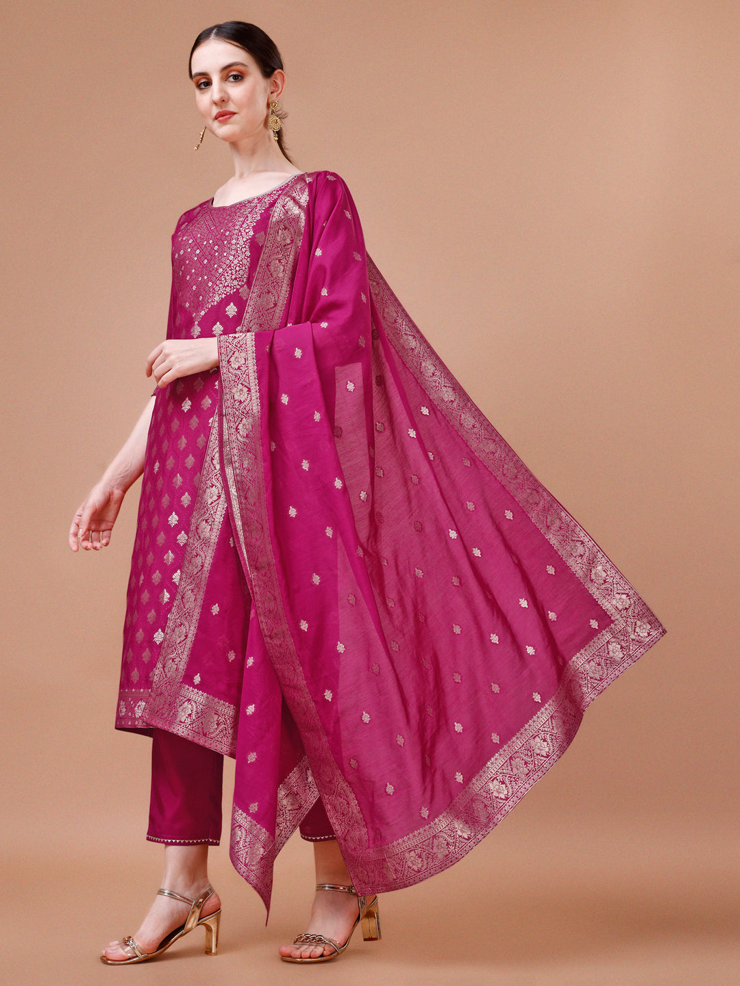 Pure Muslin Jacquard Kurta With Pant And Dupatta Set Premium, Multicolor - Hiral Fashion