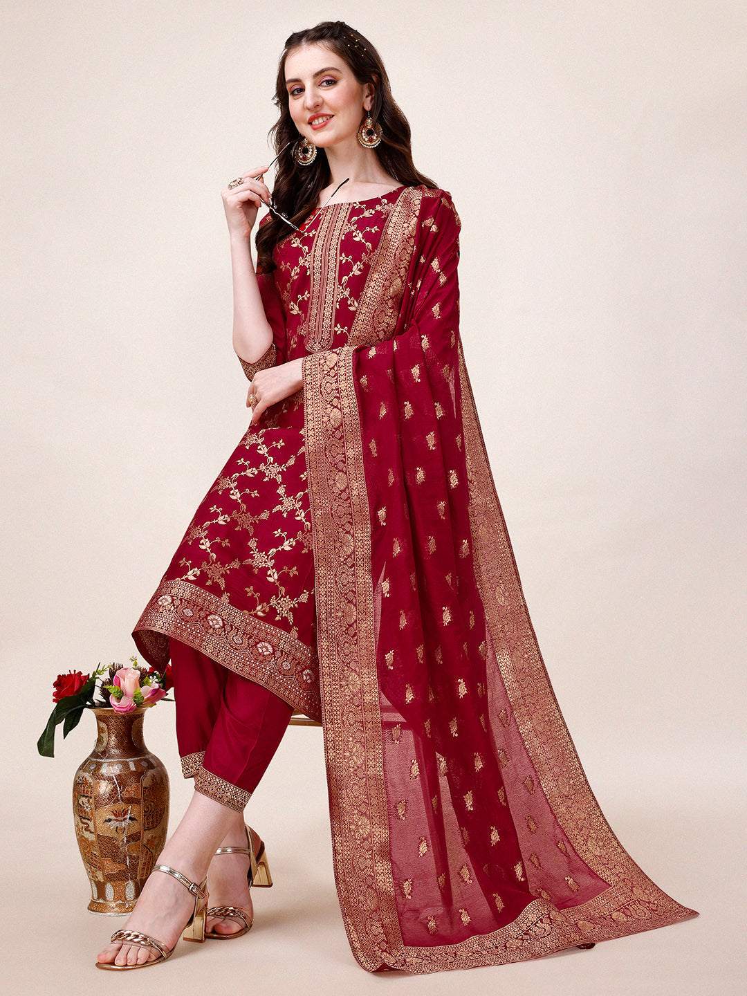 Pure Muslin Banarasi Jacquard Premium Kurta Trousers & Dupatta, Multicolor - Hiral Fashion