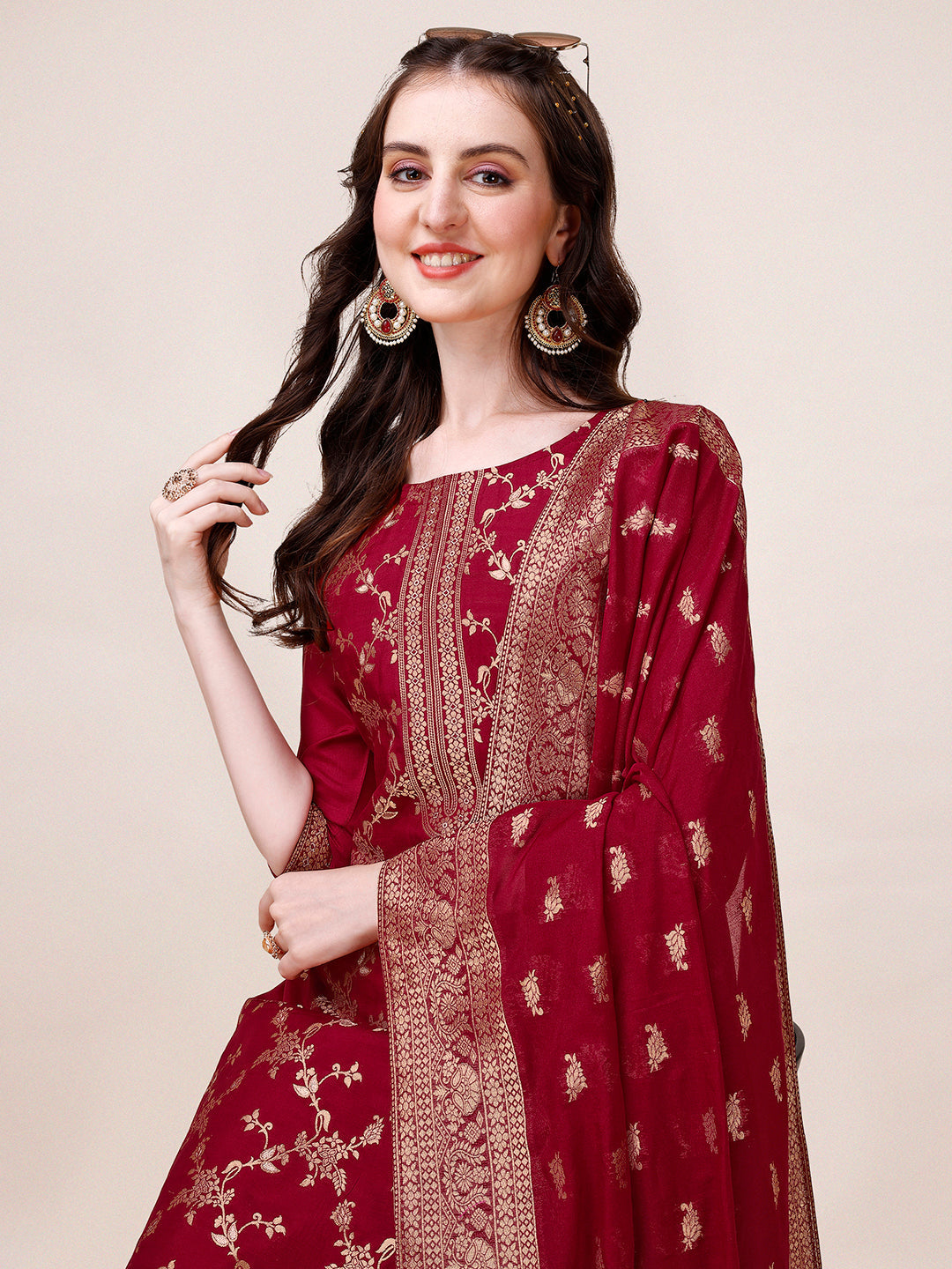 Pure Muslin Banarasi Jacquard Premium Kurta Trousers & Dupatta, Multicolor - Hiral Fashion