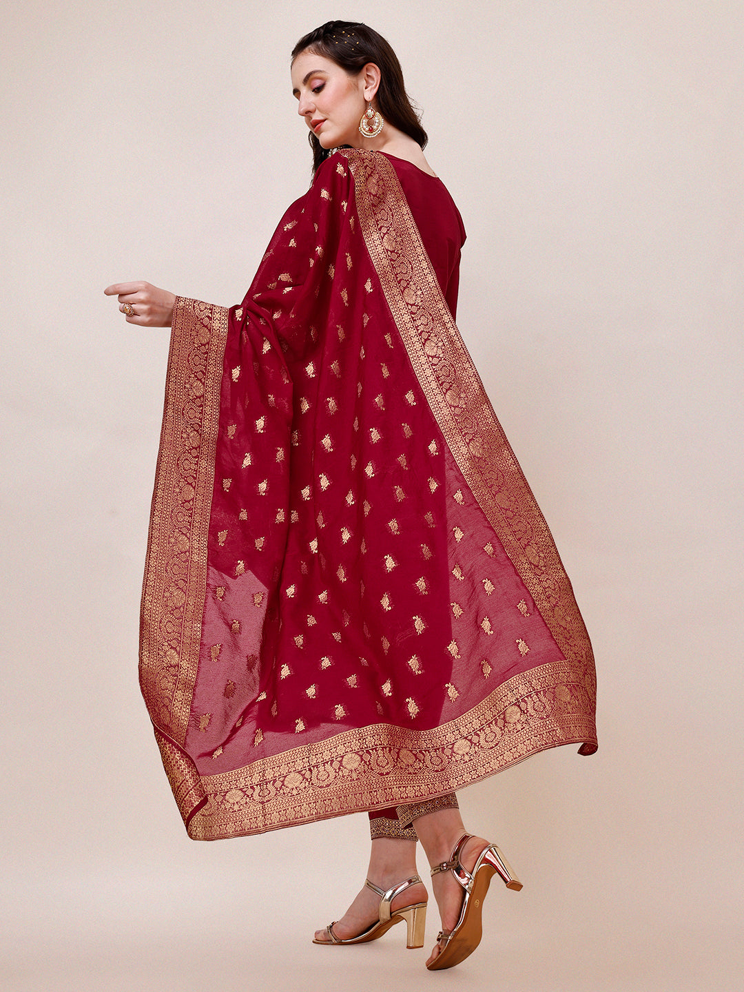 Pure Muslin Banarasi Jacquard Premium Kurta Trousers & Dupatta, Multicolor - Hiral Fashion
