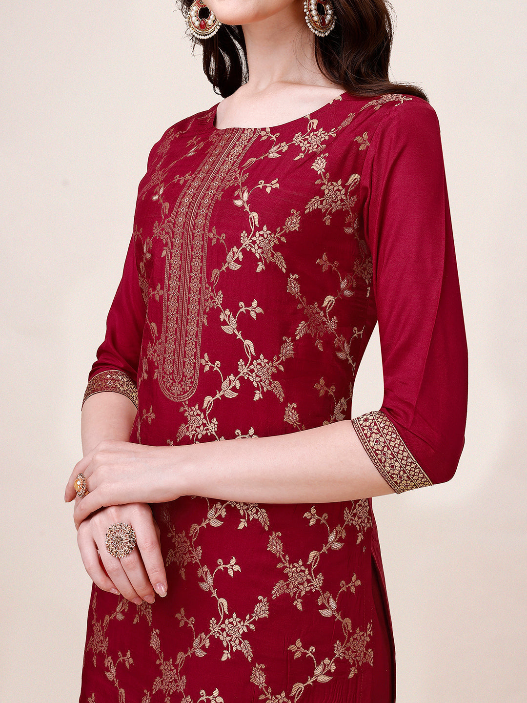 Pure Muslin Banarasi Jacquard Premium Kurta Trousers & Dupatta, Multicolor - Hiral Fashion