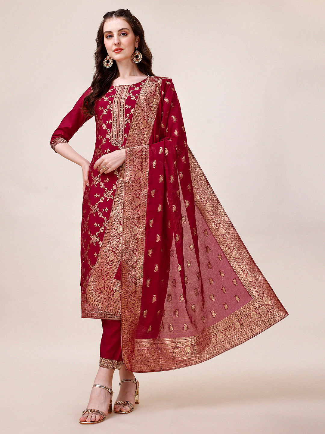 Pure Muslin Banarasi Jacquard Premium Kurta Trousers & Dupatta, Multicolor - Hiral Fashion