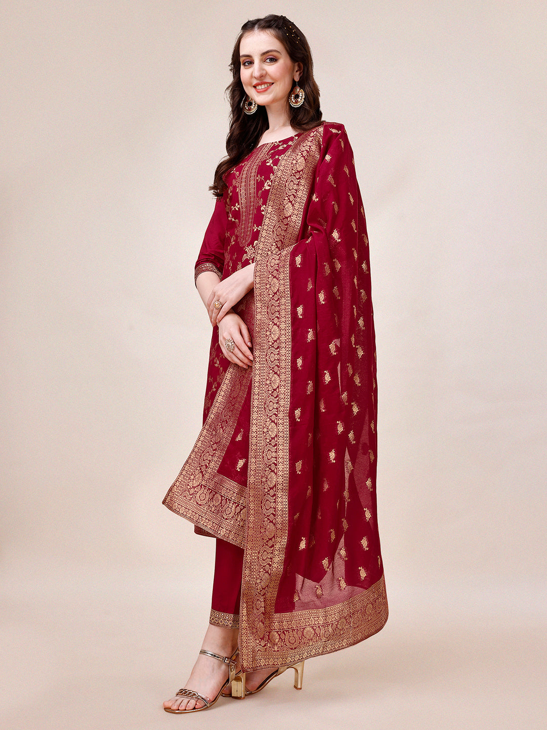 Pure Muslin Banarasi Jacquard Premium Kurta Trousers & Dupatta, Multicolor - Hiral Fashion