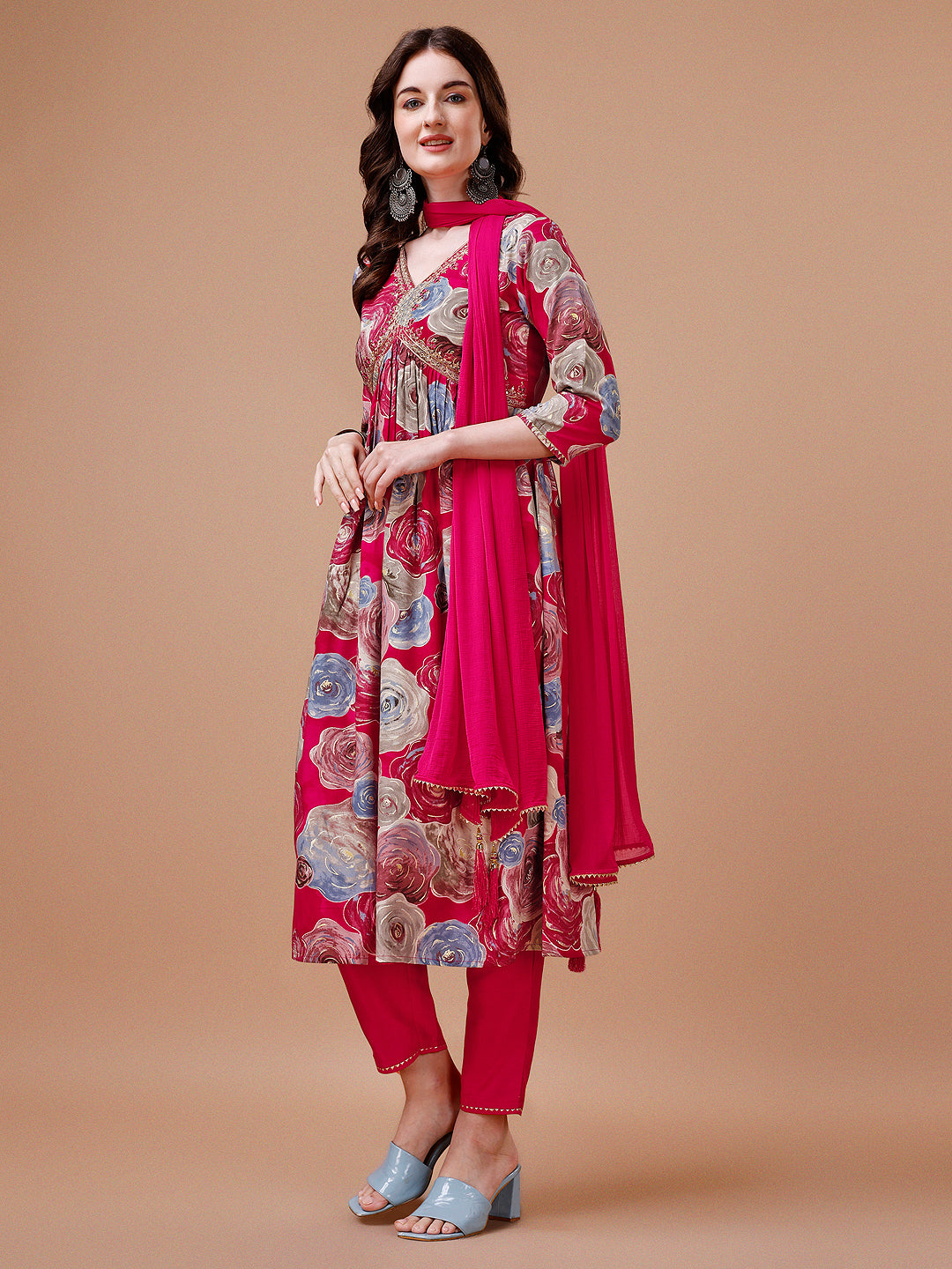 Alia Cut Floral Printed & Embroidered Rayon Kurta With Pant & Dupatta, Multicolor - Hiral Fashion