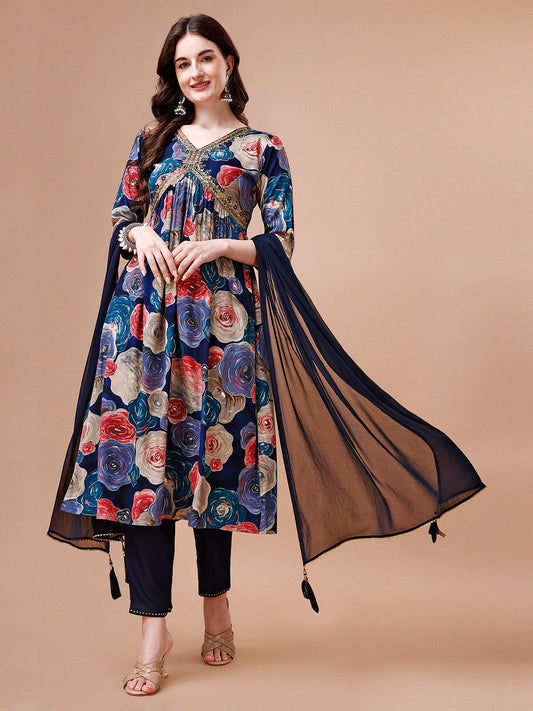Alia Cut Floral Printed & Embroidered Rayon Kurta With Pant & Dupatta, Multicolor - Hiral Fashion