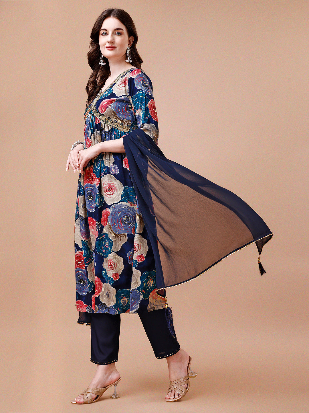 Alia Cut Floral Printed & Embroidered Rayon Kurta With Pant & Dupatta, Multicolor - Hiral Fashion