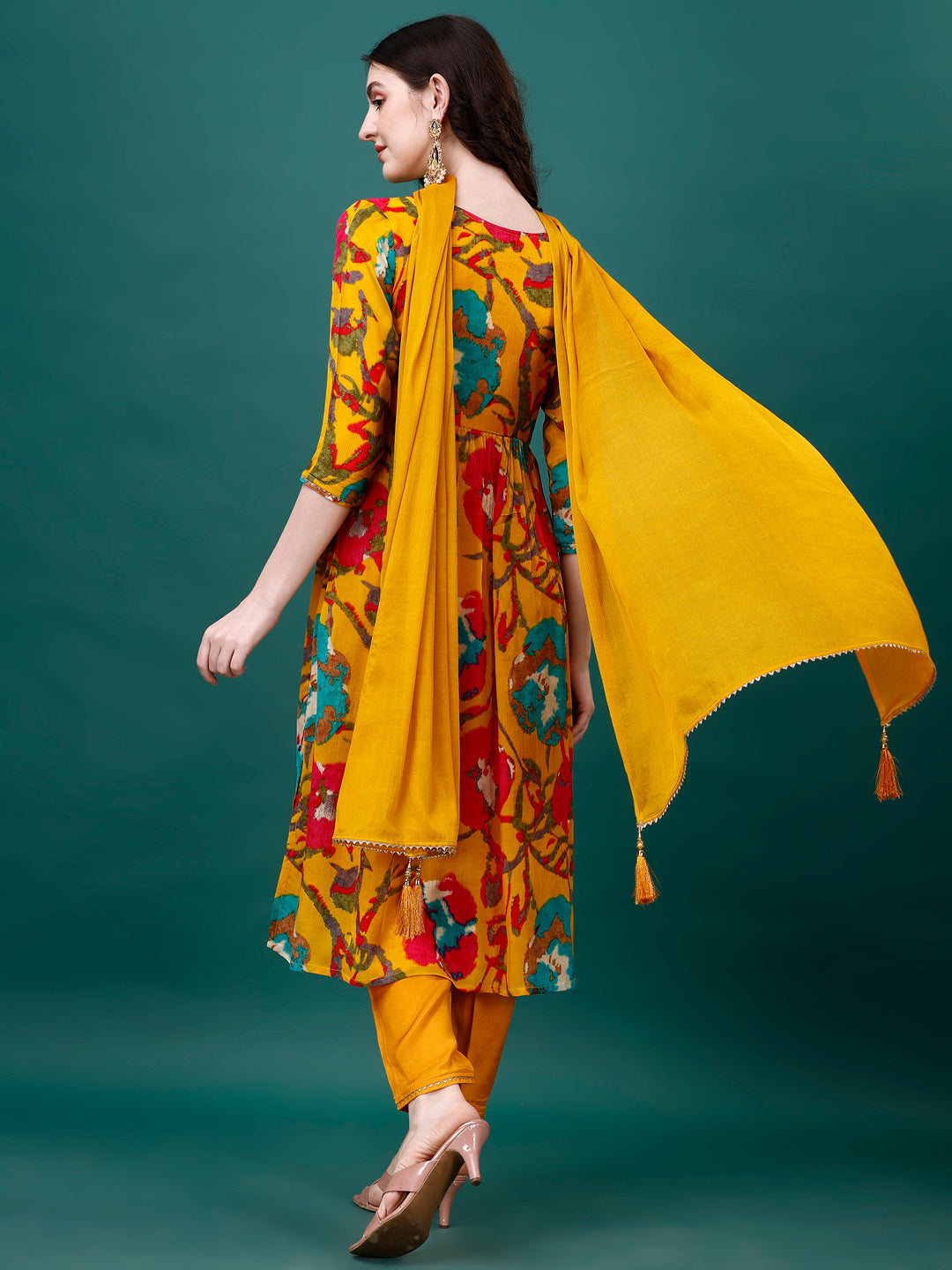 Alia Cut Hand Embroidered & Printed Pure Chinon Kurta With Pant & Dupatta, Multicolor - Hiral Fashion