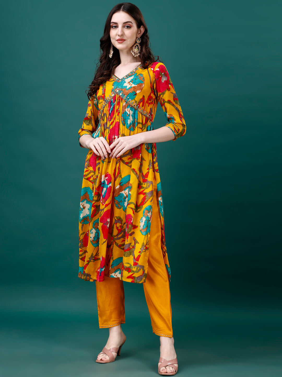 Alia Cut Hand Embroidered & Printed Pure Chinon Kurta With Pant & Dupatta, Multicolor - Hiral Fashion