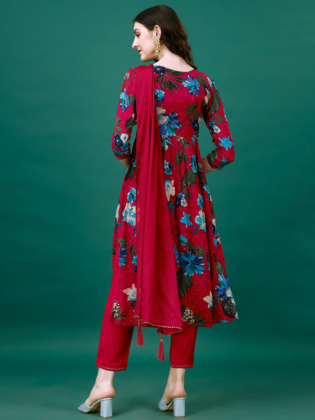Alia Cut Hand Embroidered & Printed Pure Chinon Kurta With Pant & Dupatta, Multicolor - Hiral Fashion