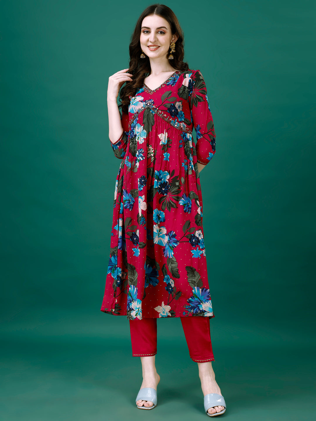 Alia Cut Hand Embroidered & Printed Pure Chinon Kurta With Pant & Dupatta, Multicolor - Hiral Fashion