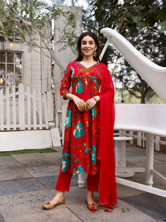 Alia Cut Hand Embroidered & Floral Printed Kurta With Pant & Dupatta Premium, Multicolor - Hiral Fashion