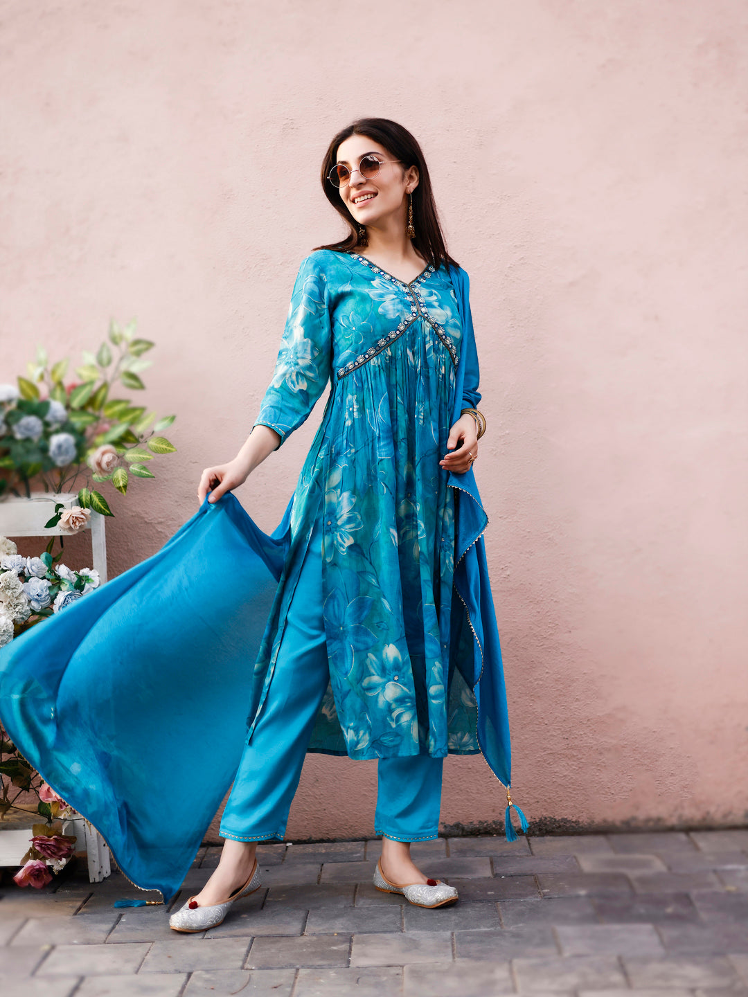 Alia Cut Hand Embroidered & Floral Printed Kurta With Pant & Dupatta Premium, Multicolor - Hiral Fashion