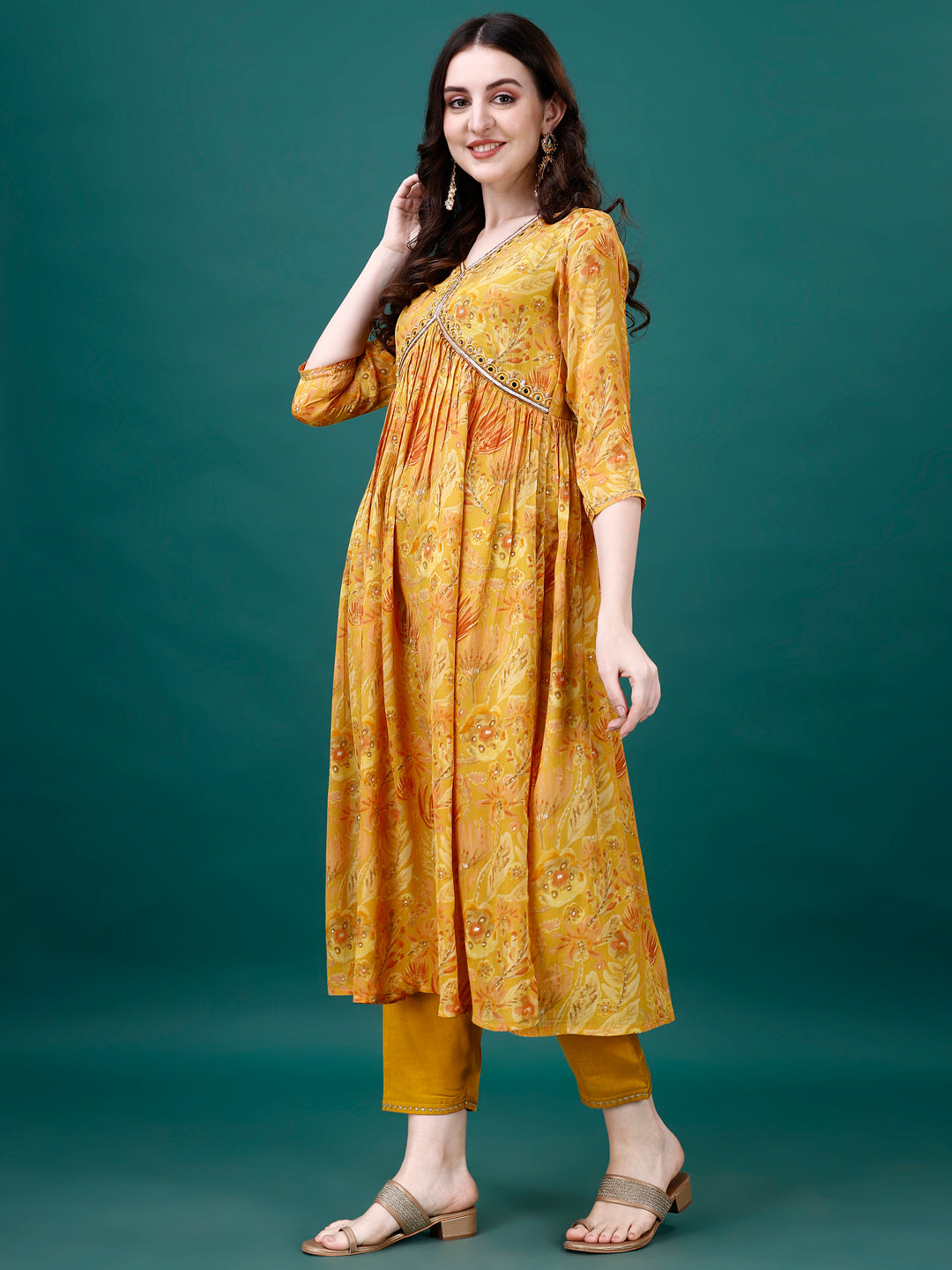 Alia Cut Hand Embroidered & Printed Pure Chinon Kurta With Pant & Dupatta, Multicolor - Hiral Fashion