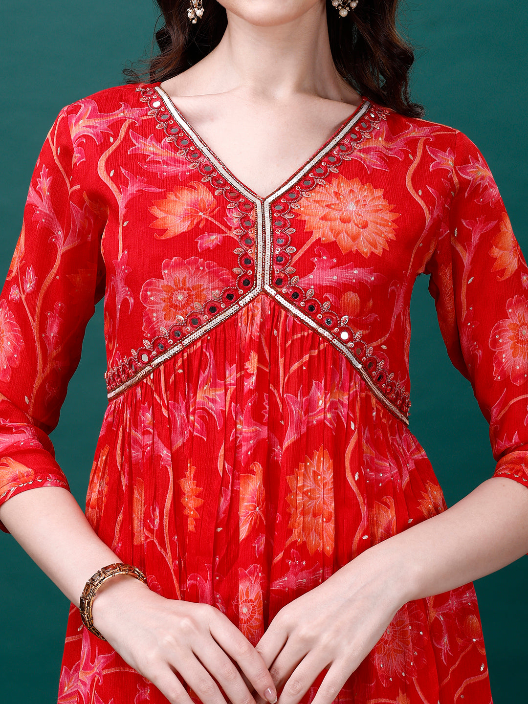 Alia Cut Hand Embroidered & Printed Pure Chinon Kurta With Pant & Dupatta, Multicolor - Hiral Fashion