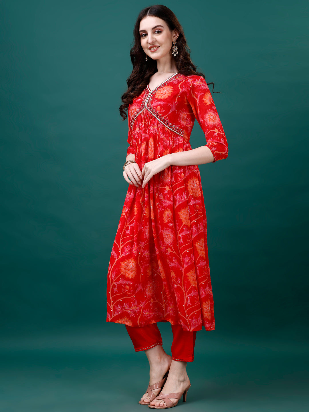 Alia Cut Hand Embroidered & Printed Pure Chinon Kurta With Pant & Dupatta, Multicolor - Hiral Fashion