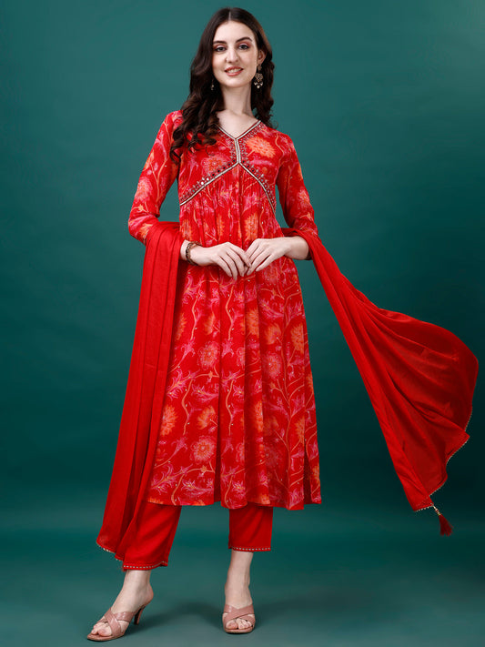 Alia Cut Hand Embroidered & Printed Pure Chinon Kurta With Pant & Dupatta, Multicolor - Hiral Fashion