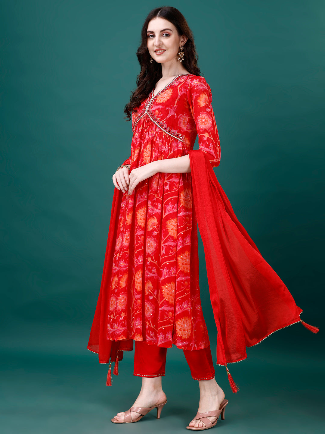 Alia Cut Hand Embroidered & Printed Pure Chinon Kurta With Pant & Dupatta, Multicolor - Hiral Fashion