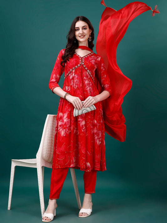 Alia Cut Hand Embroidered & Printed Pure Chinon Kurat With Pant & Dupatta, Multicolor - Hiral Fashion