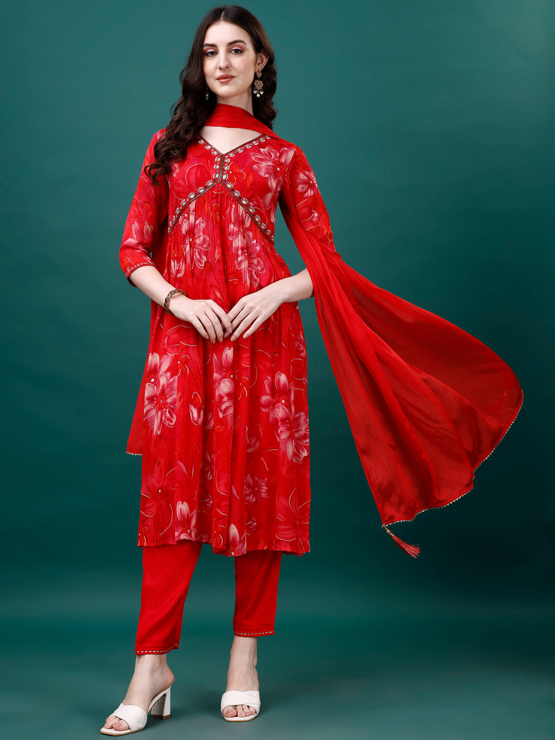 Alia Cut Hand Embroidered & Printed Pure Chinon Kurat With Pant & Dupatta, Multicolor - Hiral Fashion