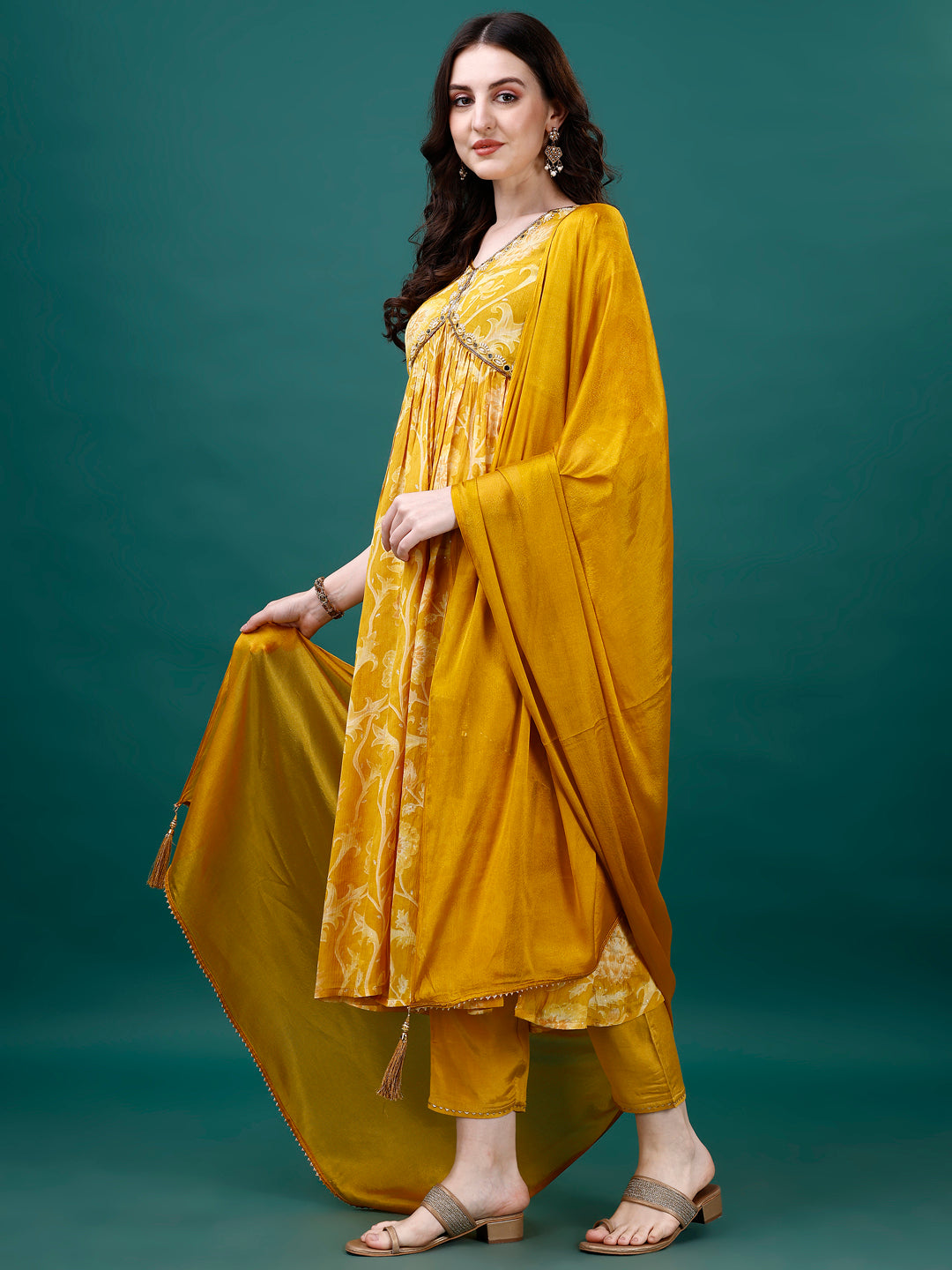 Alia Cut Hand Embroidered & Printed Pure Chinon Kurat With Pant & Dupatta, Multicolor - Hiral Fashion