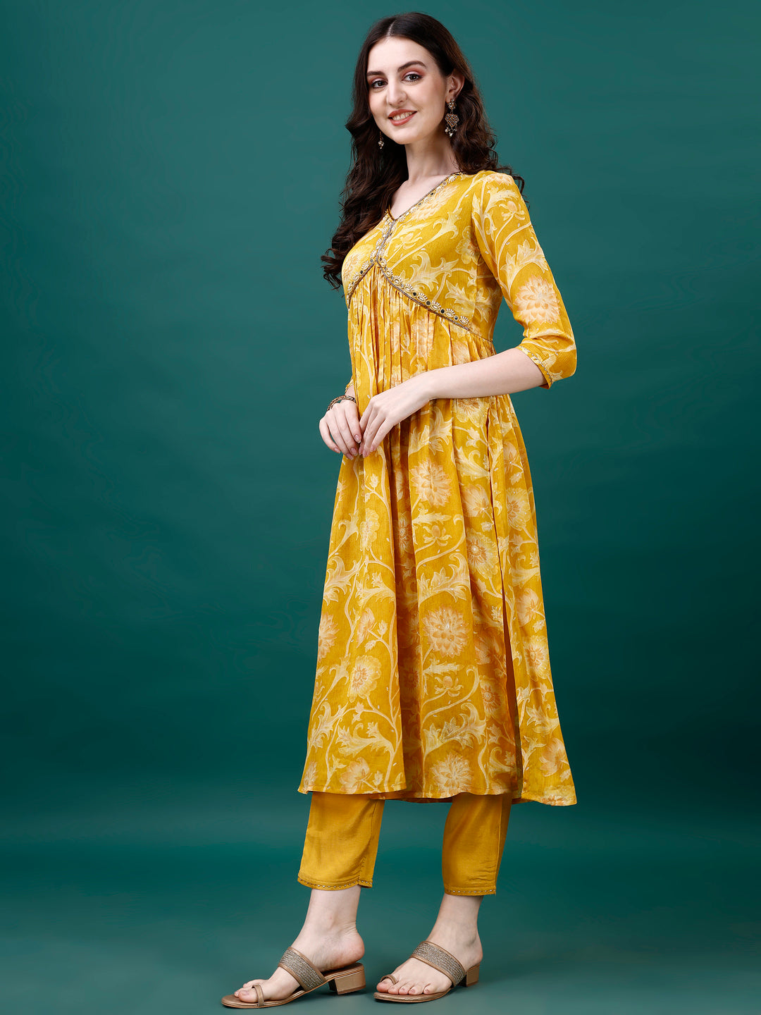 Alia Cut Hand Embroidered & Printed Pure Chinon Kurat With Pant & Dupatta, Multicolor - Hiral Fashion