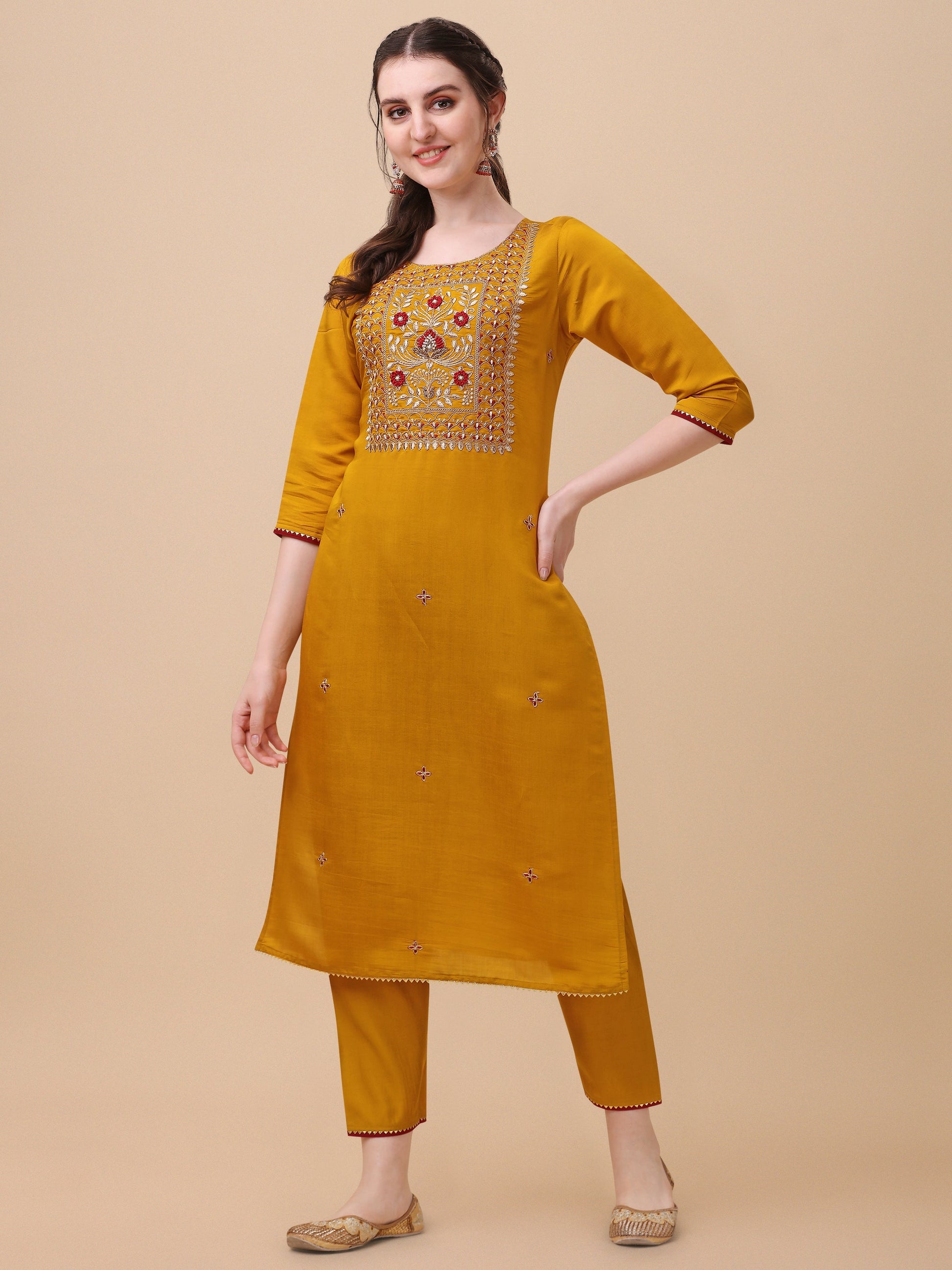 Hand Embroidered Kurta With Pant & Banarasi Dupatta, Multicolor - Hiral Fashion