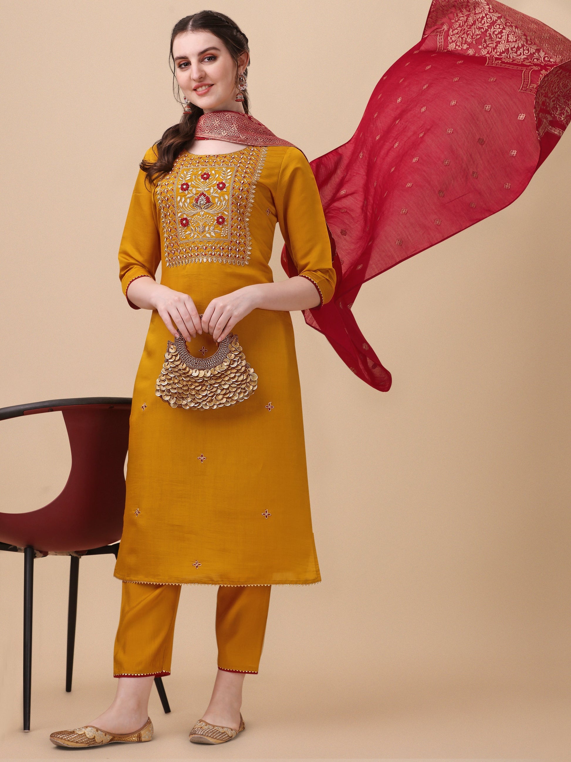 Hand Embroidered Kurta With Pant & Banarasi Dupatta, Multicolor - Hiral Fashion