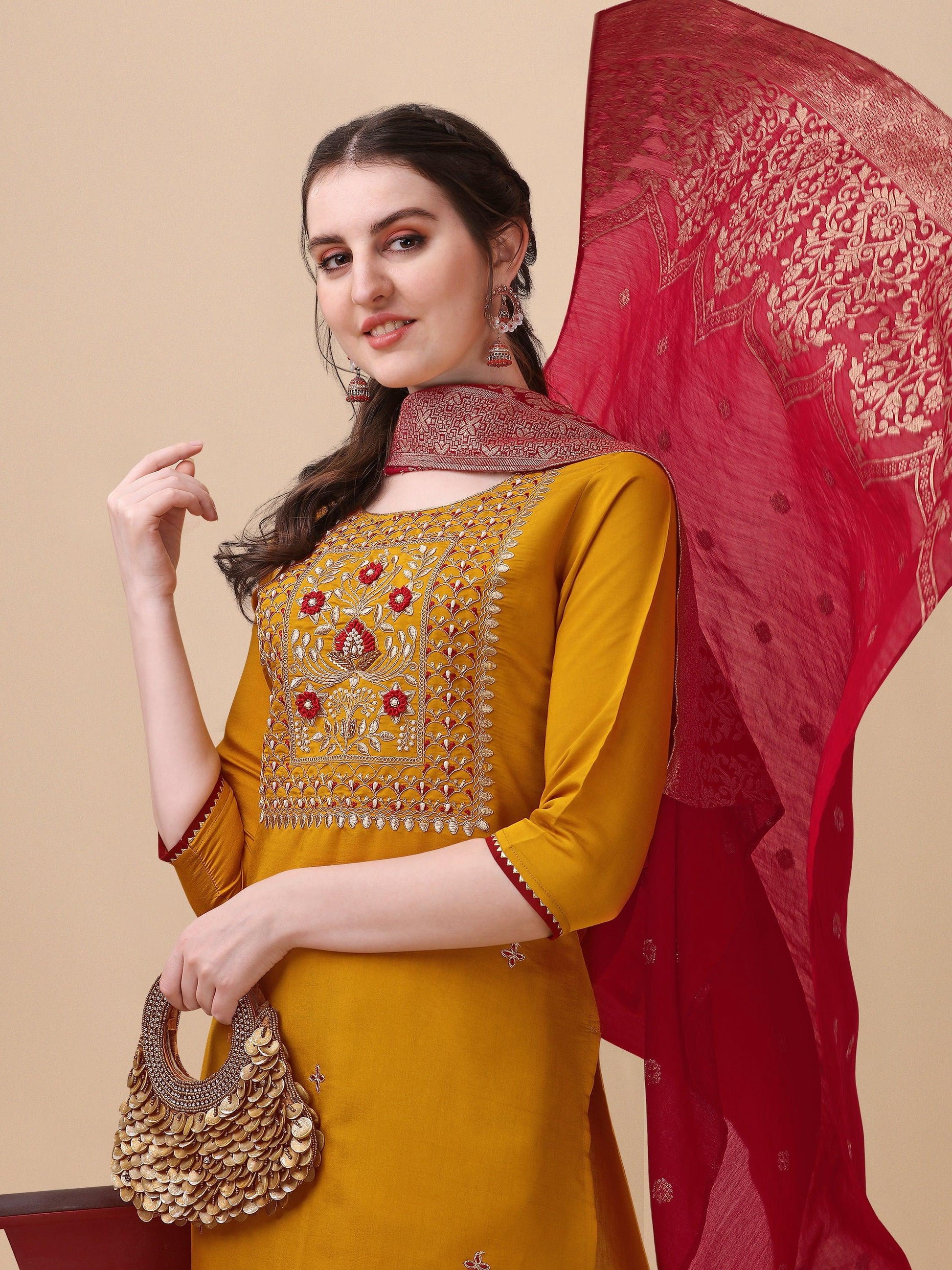 Hand Embroidered Kurta With Pant & Banarasi Dupatta, Multicolor - Hiral Fashion