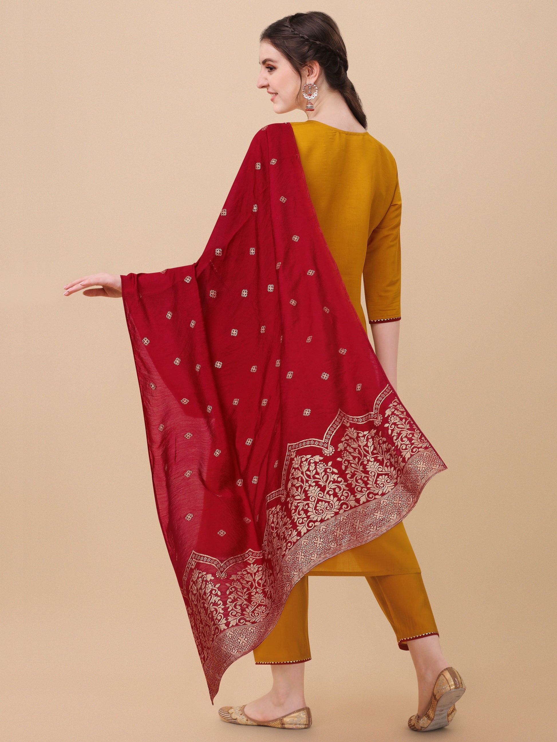 Hand Embroidered Kurta With Pant & Banarasi Dupatta, Multicolor - Hiral Fashion