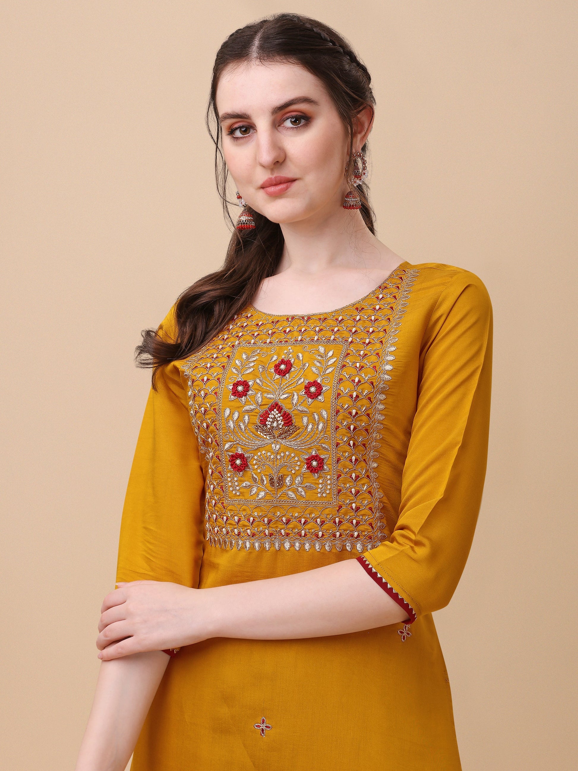 Hand Embroidered Kurta With Pant & Banarasi Dupatta, Multicolor - Hiral Fashion